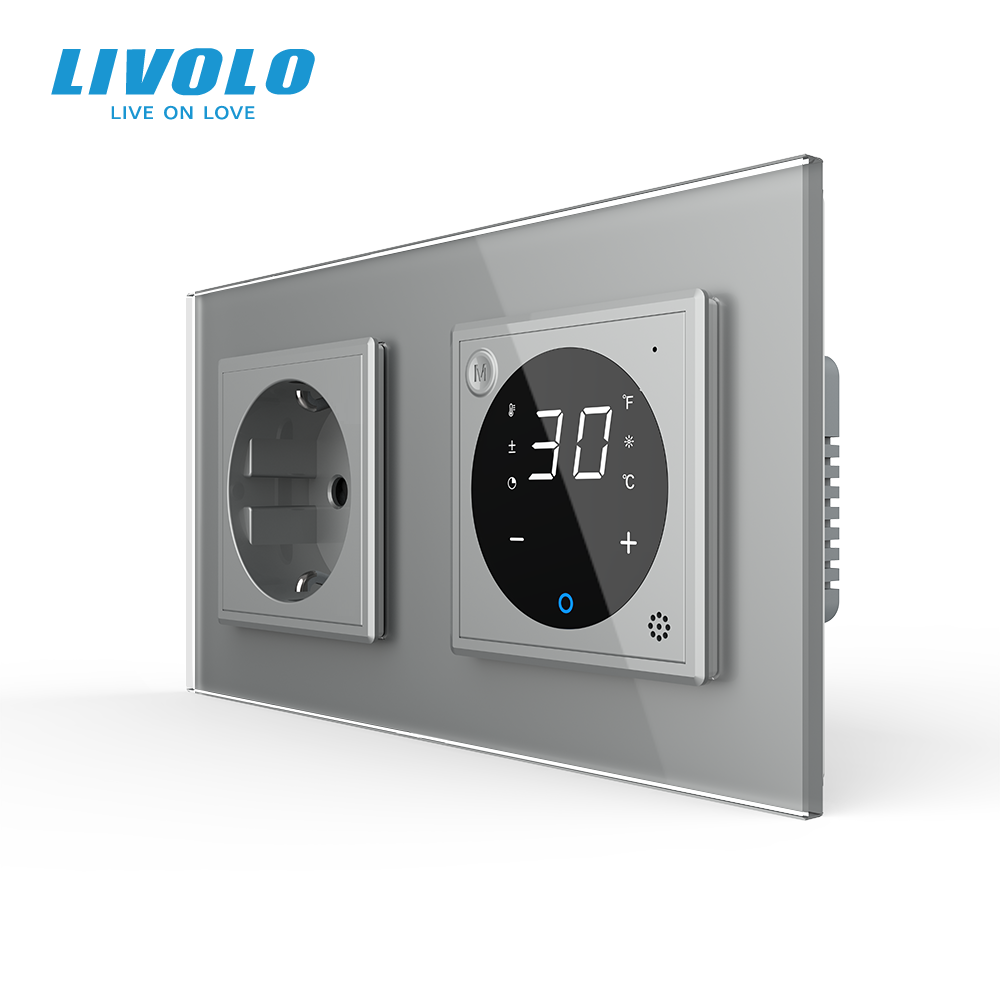 Терморегулятор сенсорний для теплої підлоги LIVOLO з розеткою заземлення, сіра, скляна рамка, 250В 16А