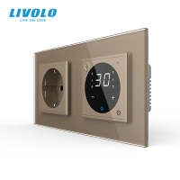 Терморегулятор сенсорний для теплої підлоги LIVOLO з розеткою заземлення, золота, скляна рамка, 250В 16А