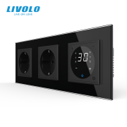 Терморегулятор сенсорний для теплої підлоги LIVOLO з розеткою заземлення, чорна, скляна рамка, 250В 16А
