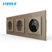 Терморегулятор сенсорний для теплої підлоги LIVOLO з розеткою заземлення, золота, скляна рамка, 250В 16А
