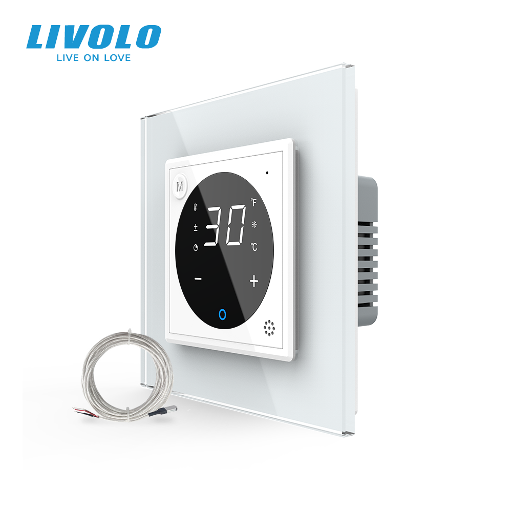 Розумний Wi-Fi терморегулятор LIVOLO сенсорний для електричної теплої підлоги, білий, скляна панель