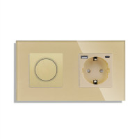 Роторний димер з розеткою USB A+C 20Вт LUXION 16А 230В, із заземленням, шторки, золото, скло