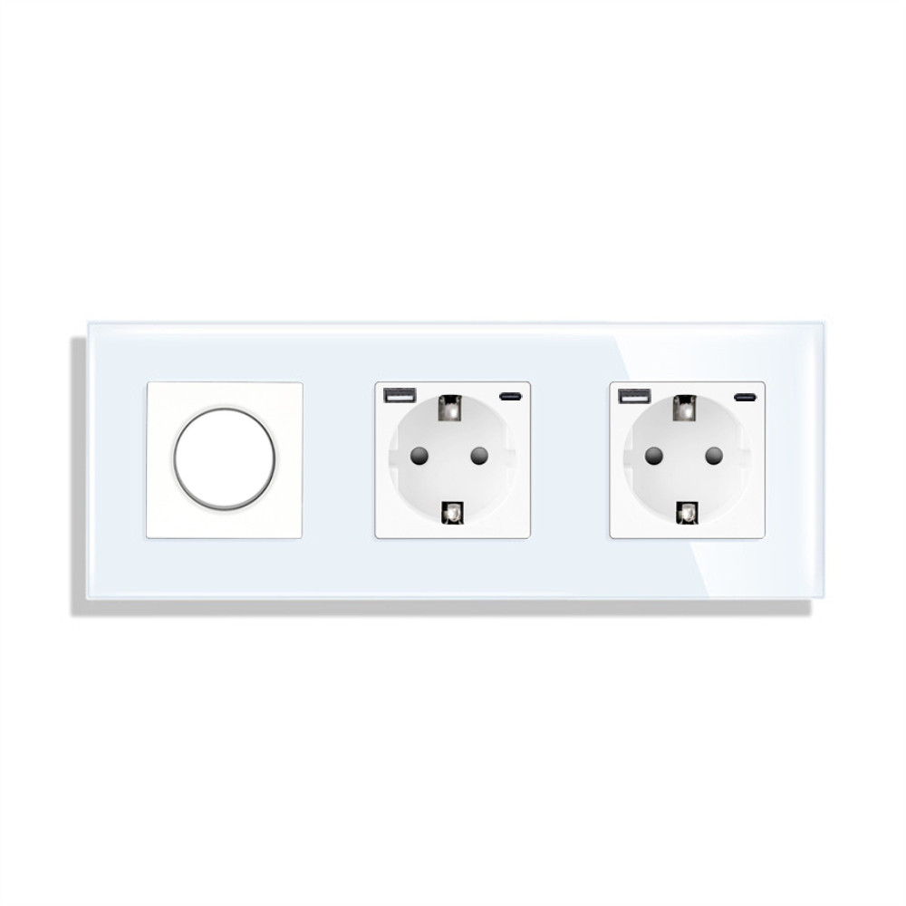 Роторний димер LUXION з двома розетками з USB A+C 20Вт, білий, скло, 16A 230V, із заземленням, шторки