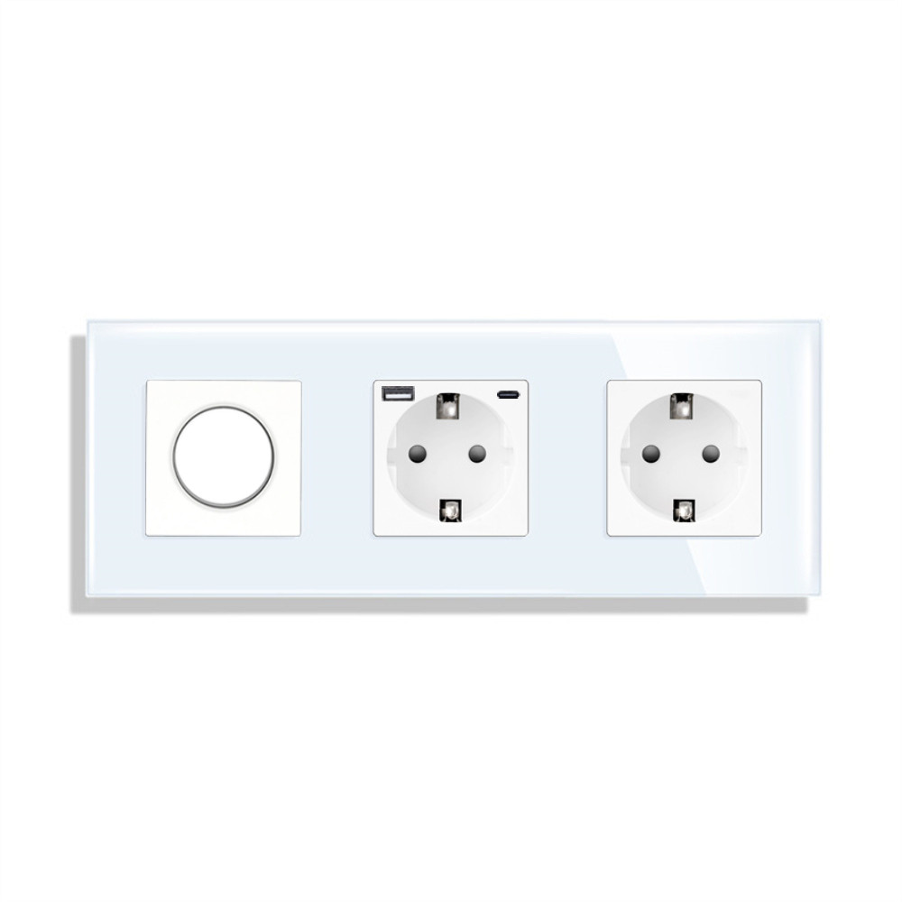 Роторний димер LUXION з розеткою та розеткою з USB A+C 20Вт, білий, скло, 16A 230V, із заземленням, шторки