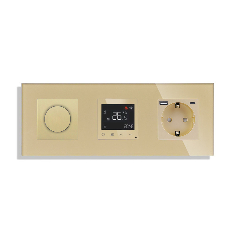 Роторний димер LUXION з терморегулятором і розеткою з USB A+C 20Вт, золотий, скло, 16A 230V, заземлення