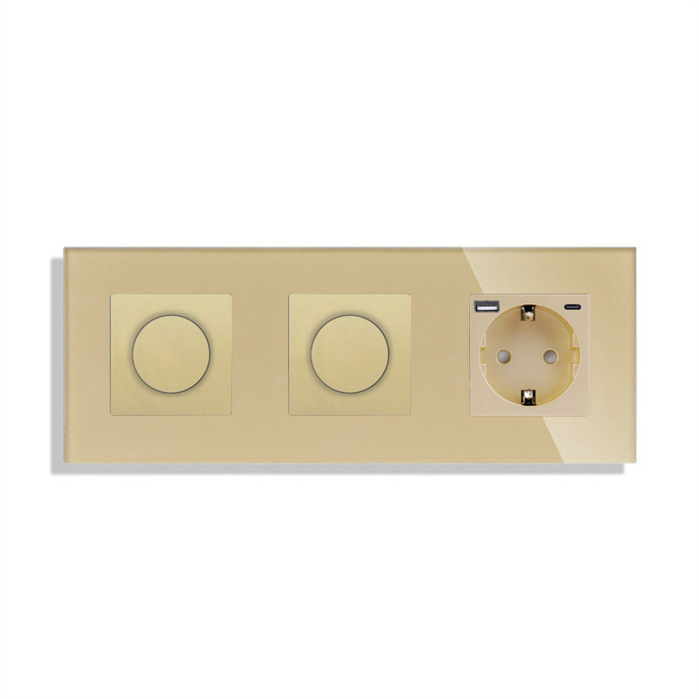 Роторний димер LUXION 2 клавіші (1-1) з розеткою з USB A+C 20Вт, 16A 230V, заземлення, золото скло