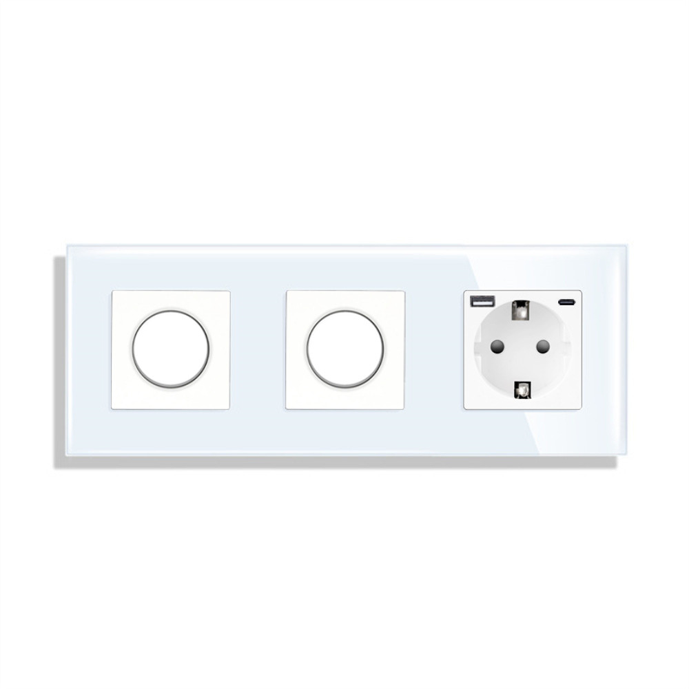 Роторний димер LUXION 2 клавіші (1-1) з розеткою з USB A+C 20Вт, 16A 230V, заземлення, білий скло