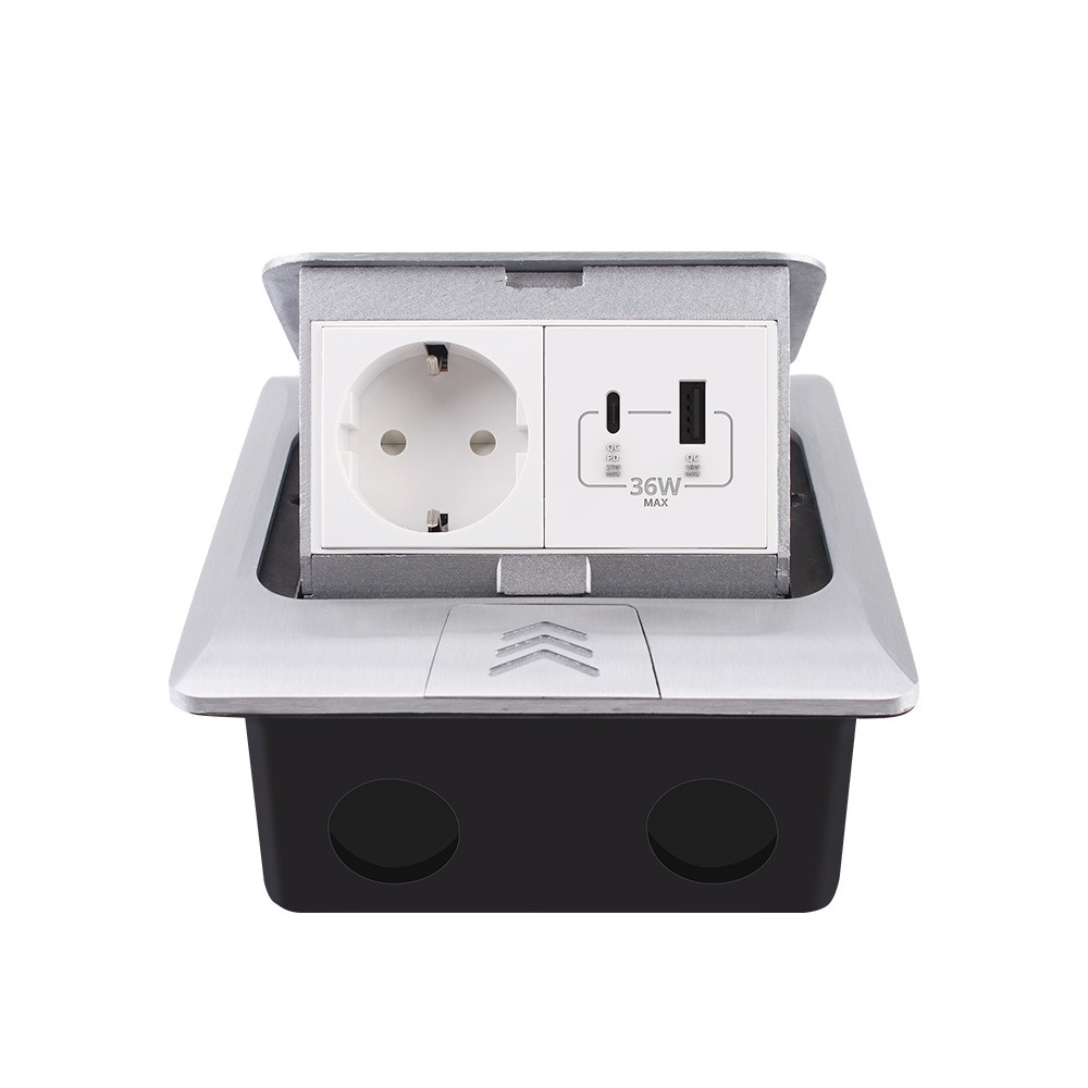 Розетка підлогова LIVOLO з USB-A та USB Type-C 36 Вт, вбудована, IP44, плавне відкриття, алюміній, срібна