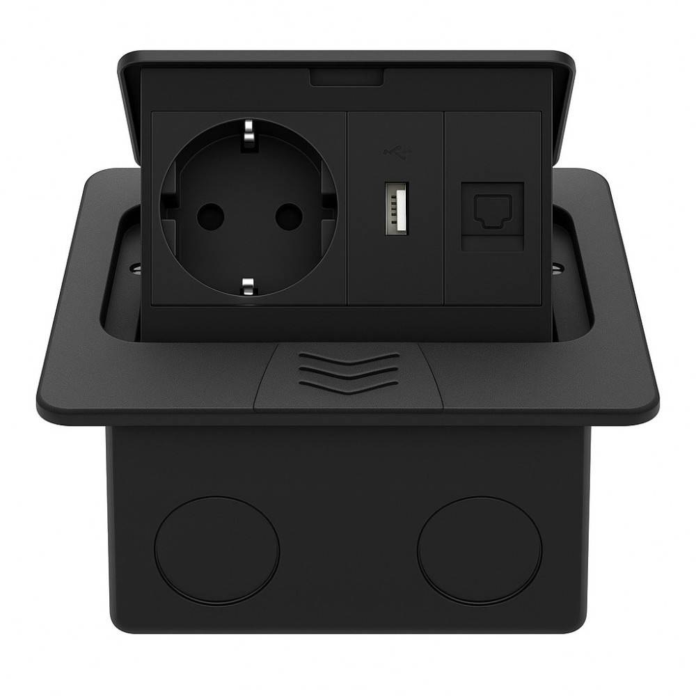 Розетка підлогова LIVOLO з USB та інтернет, вбудована, IP44, плавне відкриття, алюміній, чорна