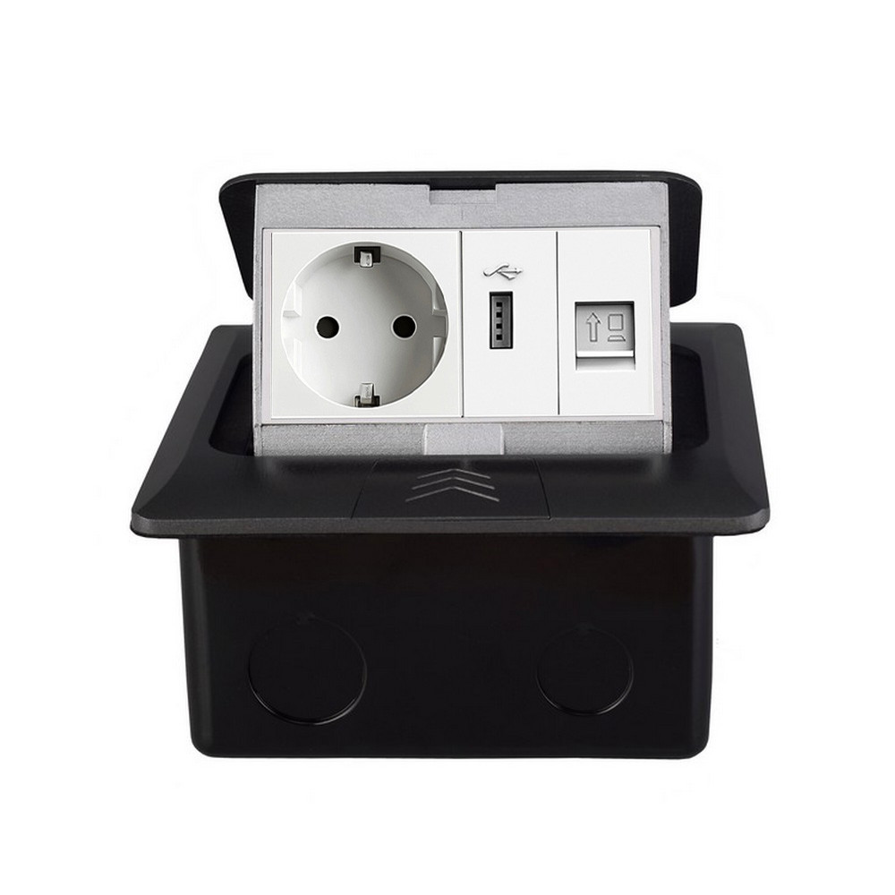 Розетка підлогова LIVOLO з USB та інтернет, вбудована, IP44, плавне відкриття, алюміній, сіра