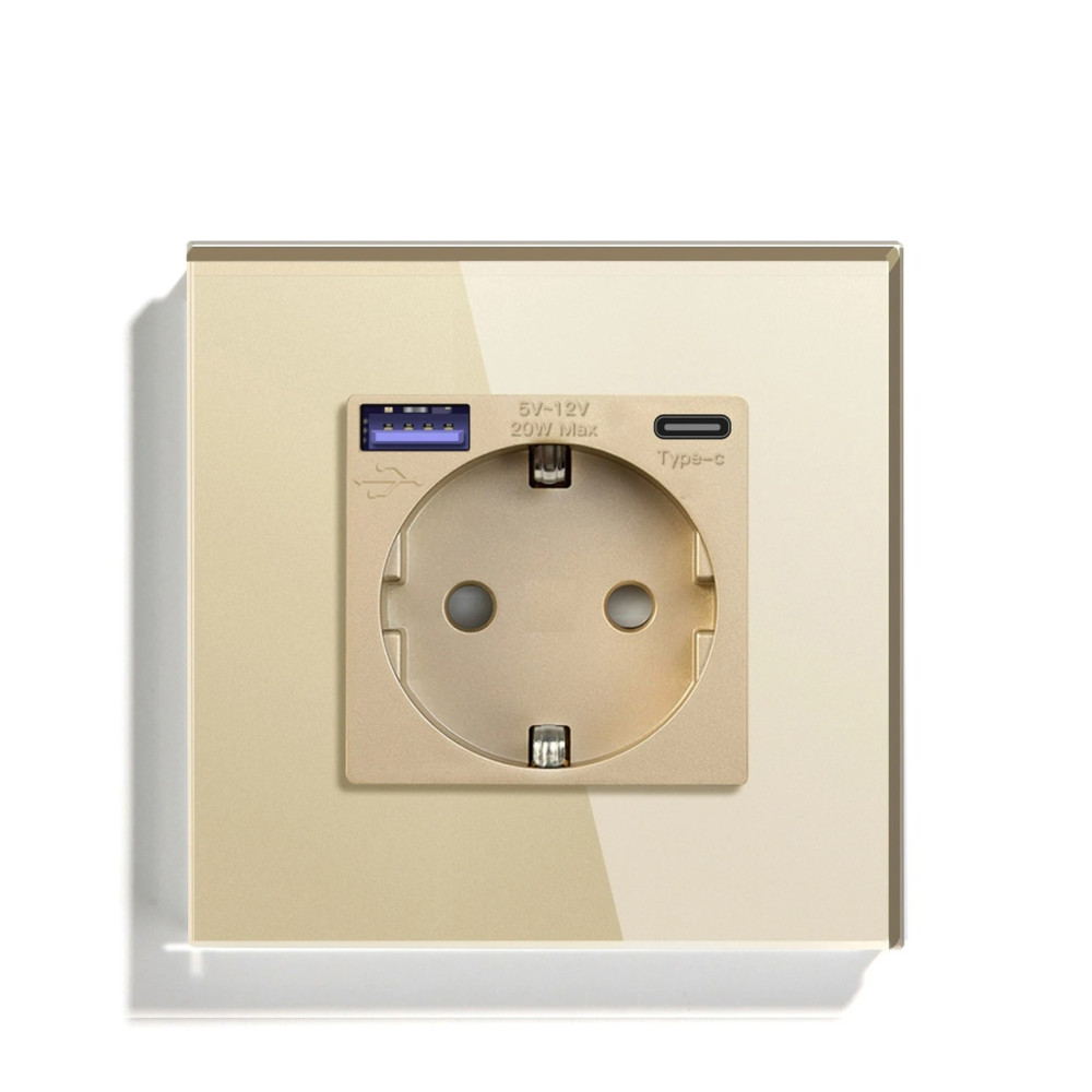 Розетка LUXION з USB A+C 20Вт для зарядки, із заземленням, золота скляна рамка, сенсорна настінна 250В 16А