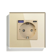 Розетка LUXION з USB A+C 20Вт для зарядки, із заземленням, золота скляна рамка, сенсорна настінна 250В 16А