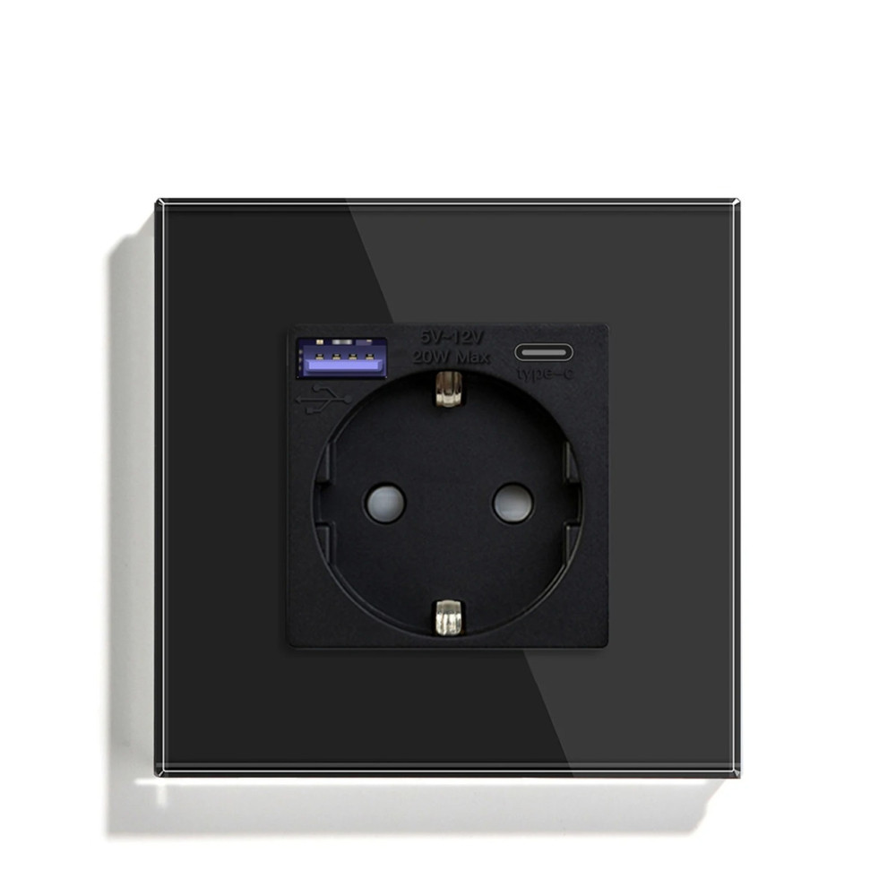 Розетка LUXION з USB A+C 20Вт для зарядки, із заземленням, чорна скляна рамка, сенсорна настінна 250В 16А