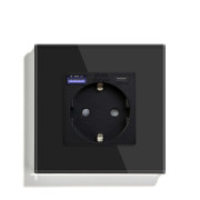 Розетка LUXION з USB A+C 20Вт для зарядки, із заземленням, чорна скляна рамка, сенсорна настінна 250В 16А
