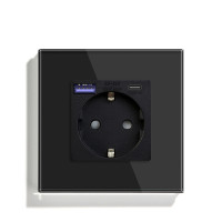 Розетка LUXION з USB A+C 20Вт для зарядки, із заземленням, чорна скляна рамка, сенсорна настінна 250В 16А