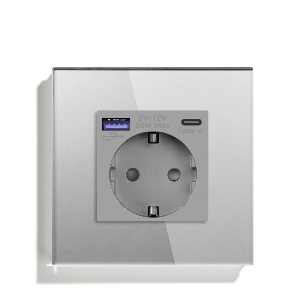 Розетка LUXION з USB A+C 20Вт для зарядки, із заземленням, сіра скляна рамка, сенсорна настінна 250В 16А