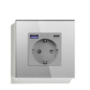 Розетка LUXION з USB A+C 20Вт для зарядки, із заземленням, сіра скляна рамка, сенсорна настінна 250В 16А