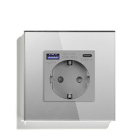 Розетка LUXION з USB A+C 20Вт для зарядки, із заземленням, сіра скляна рамка, сенсорна настінна 250В 16А