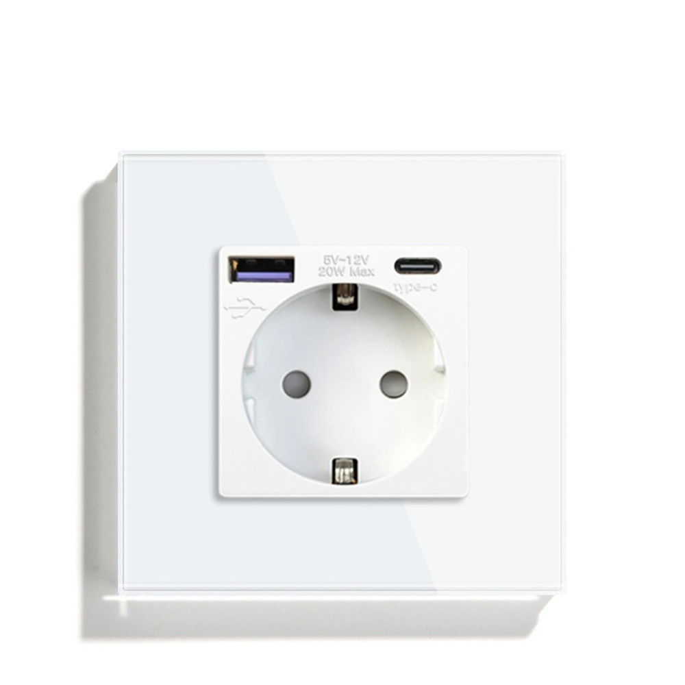 Розетка LUXION з USB A+C 20Вт для зарядки, із заземленням, біла скляна рамка, сенсорна настінна 250В 16А