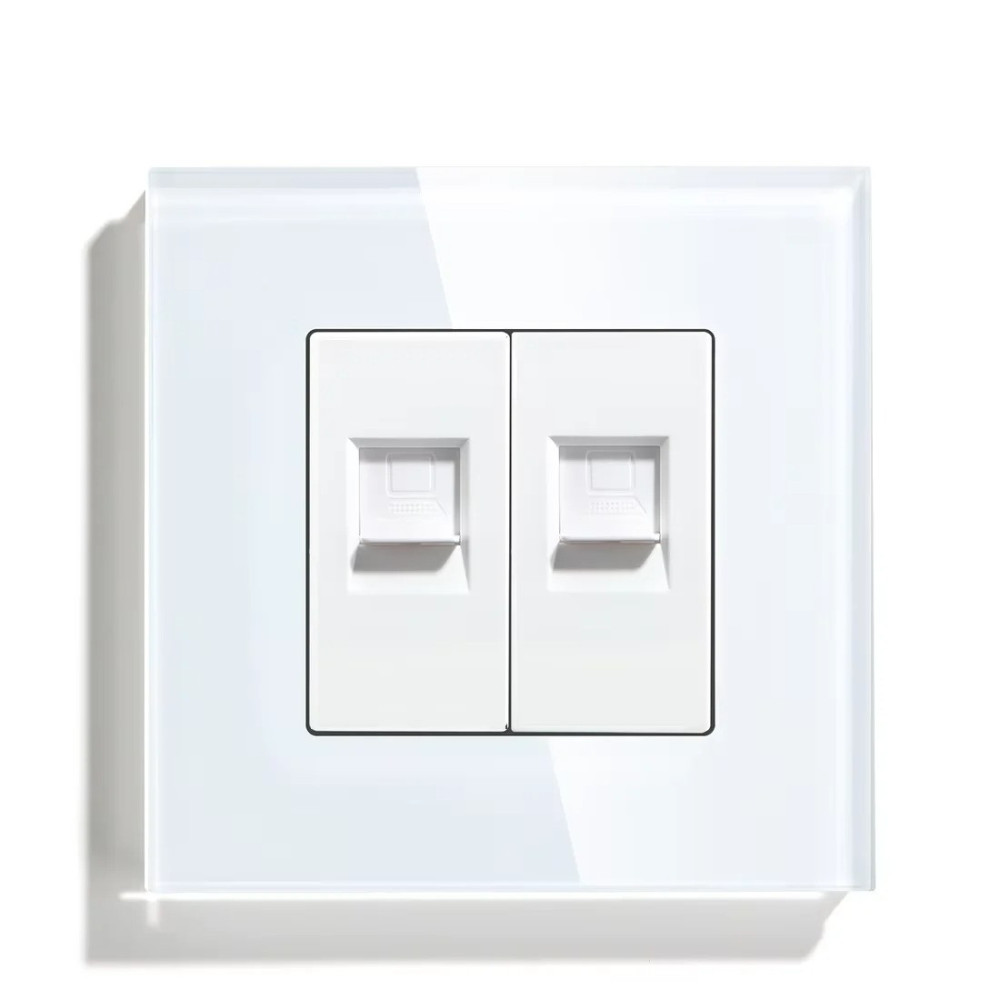 Розетка комп’ютерна подвійна RJ-45 LUXION, біла, скляна рамка, дизайнерська настінна