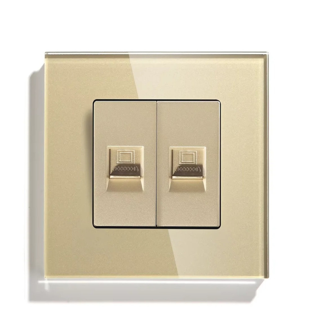 Розетка комп’ютерна подвійна RJ-45 LUXION, золота, скляна рамка, дизайнерська настінна