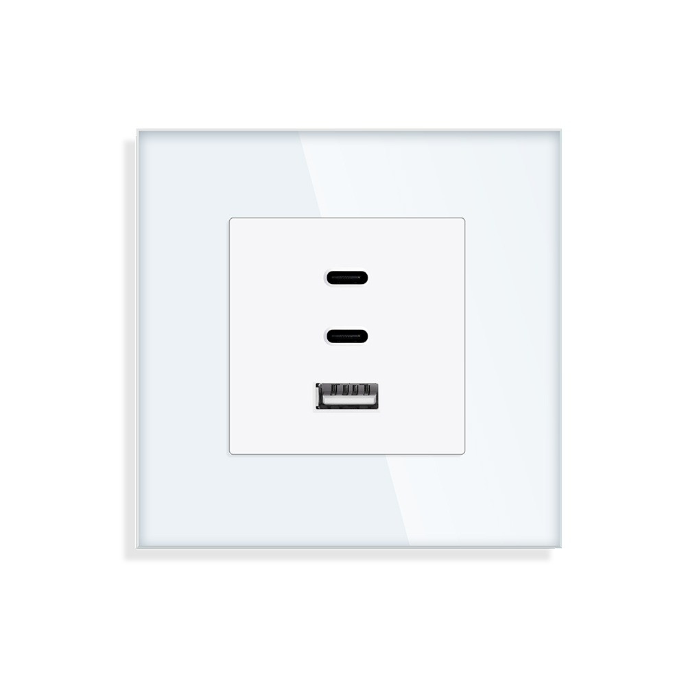 Розетка USB Type-C LUXION з 65Вт, біла, настінна, дизайнерська, скляна рамка