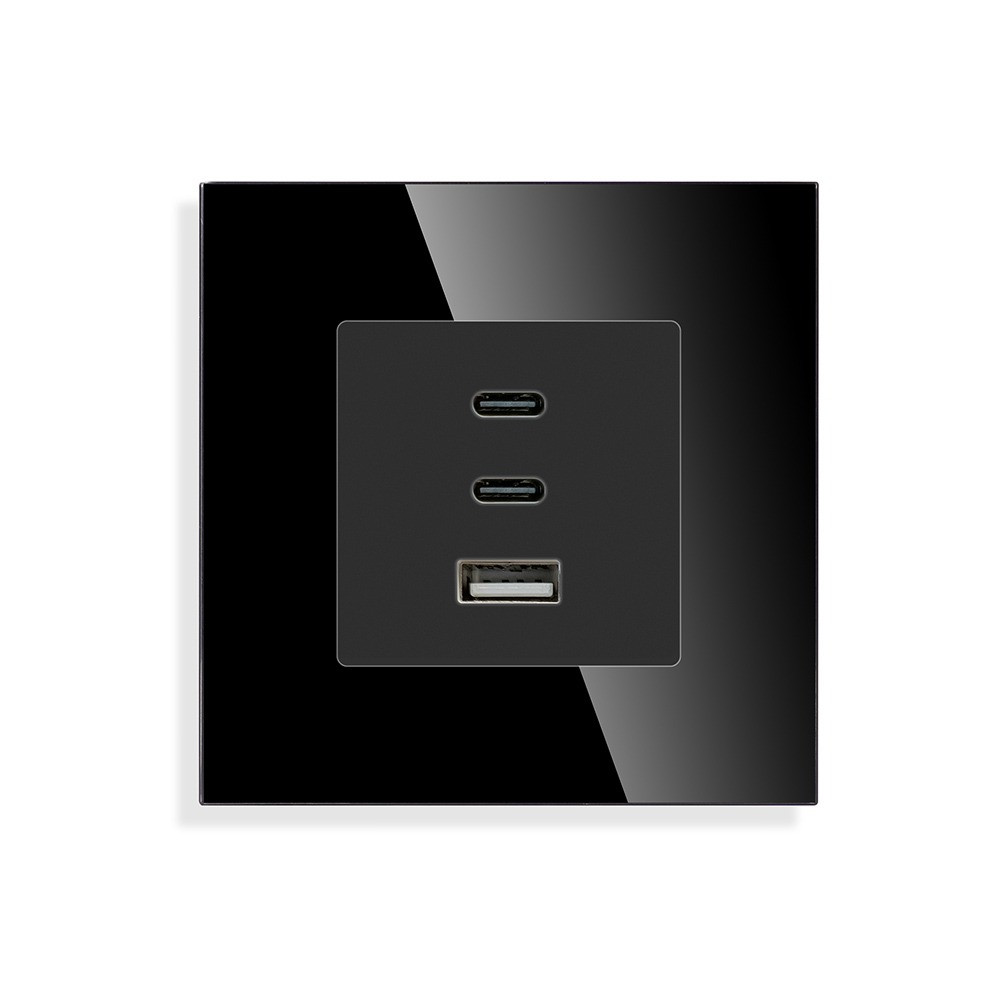 Розетка USB Type-C LUXION з 65Вт, чорна, настінна, дизайнерська, скляна рамка