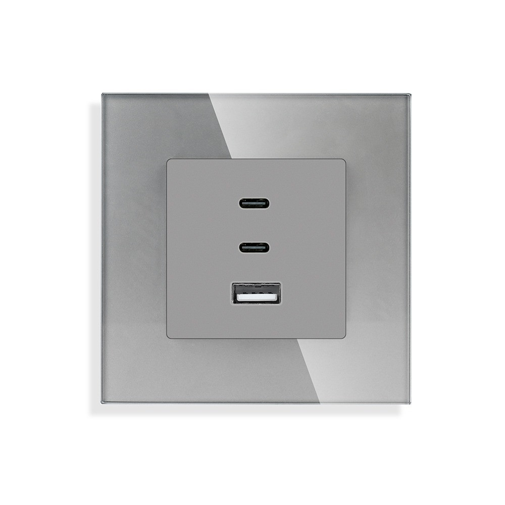 Розетка USB Type-C LUXION з 65Вт, сіра, настінна, дизайнерська, скляна рамка