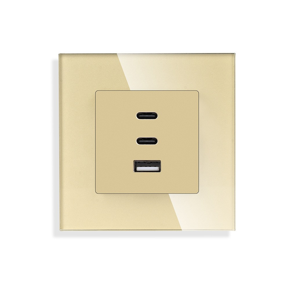 Розетка USB Type-C LUXION з 65Вт, золота, настінна, дизайнерська, скляна рамка