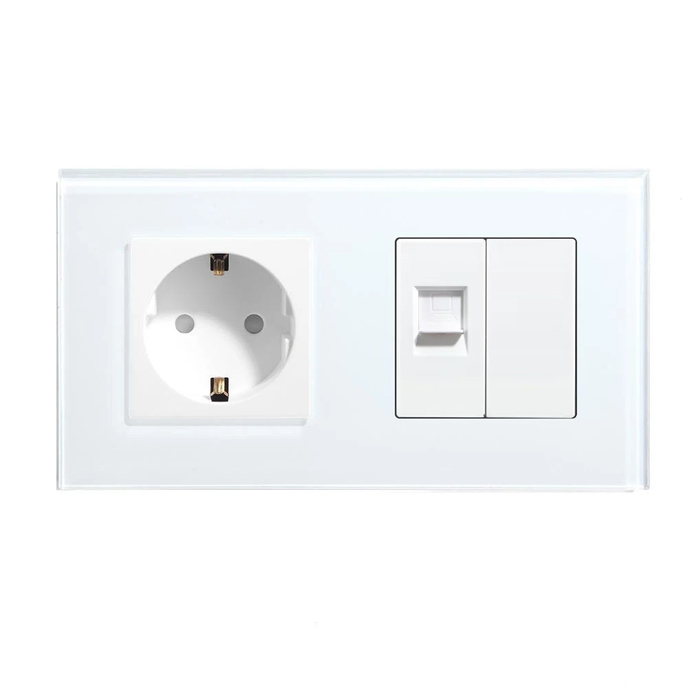 Розетка LUXION силова + інтернет (RJ-45), біла, настінна дизайнерська, скляна рамка
