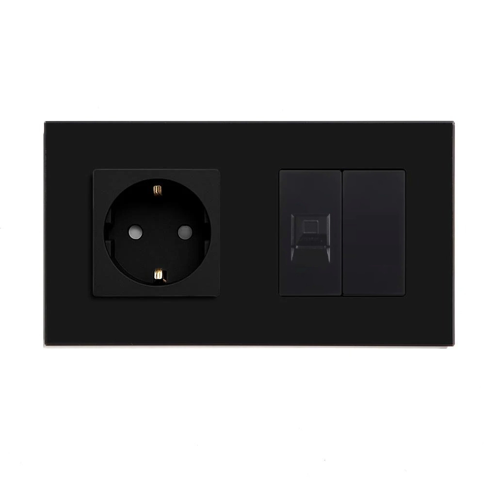 Розетка LUXION силова + інтернет (RJ-45), чорна, настінна дизайнерська, скляна рамка