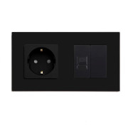 Розетка LUXION силова + інтернет (RJ-45), чорна, настінна дизайнерська, скляна рамка