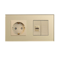 Розетка LUXION силова + інтернет (RJ-45), золота, настінна дизайнерська, скляна рамка