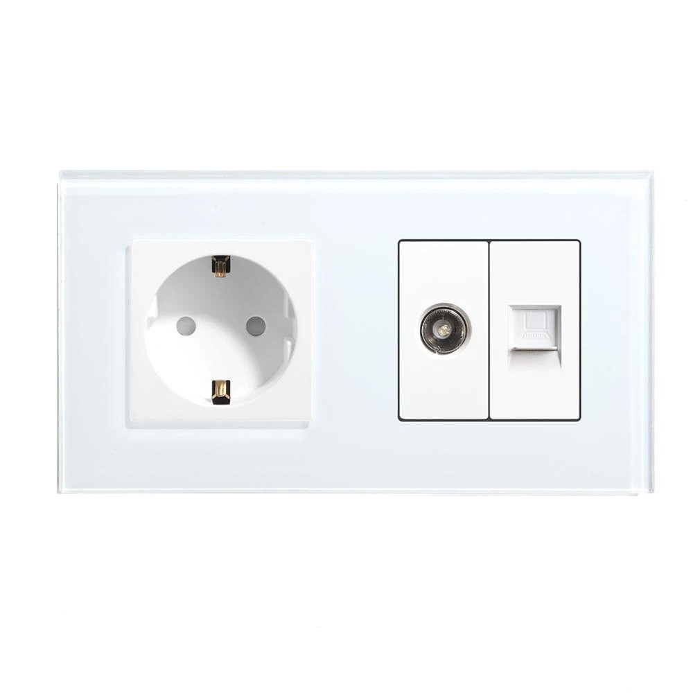 Розетка LUXION силова + інтернет (RJ-45) + ТВ, біла, настінна дизайнерська, скляна рамка