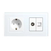 Розетка LUXION силова + інтернет (RJ-45) + ТВ, біла, настінна дизайнерська, скляна рамка