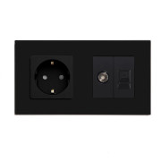 Розетка LUXION силова + інтернет (RJ-45) + ТВ, чорна, настінна дизайнерська, скляна рамка
