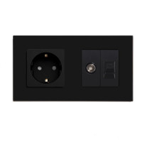 Розетка LUXION силова + інтернет (RJ-45) + ТВ, чорна, настінна дизайнерська, скляна рамка
