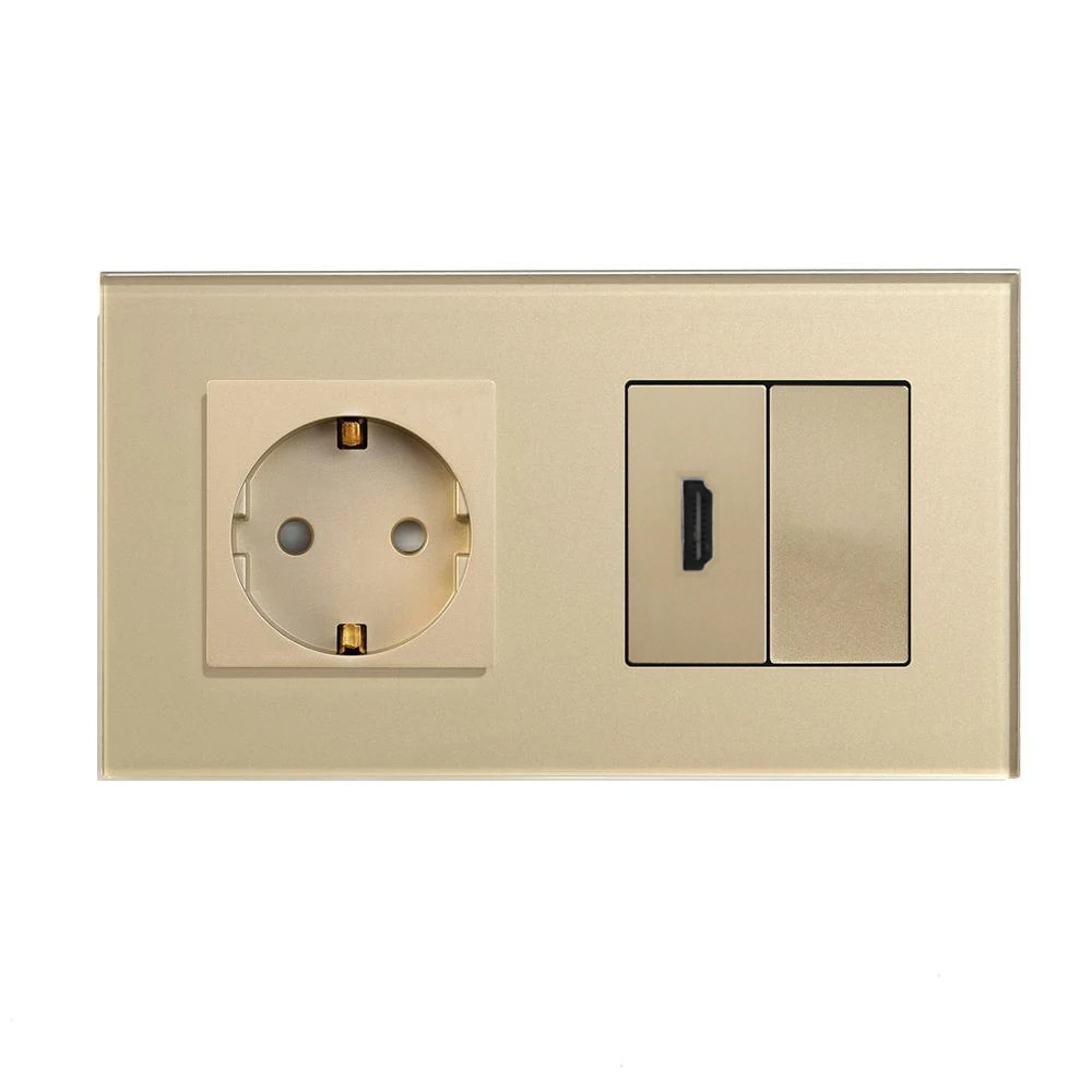 Розетка HDMI LUXION, золота, настінна дизайнерська, скляна рамка