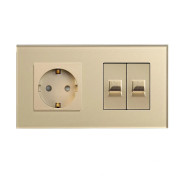 Розетка LUXION з двома інтернет портами RJ-45, золота, настінна дизайнерська, скляна рамка