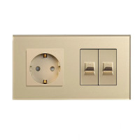 Розетка LUXION з двома інтернет портами RJ-45, золота, настінна дизайнерська, скляна рамка