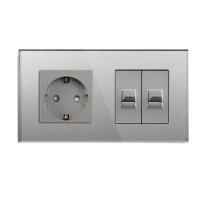 Розетка LUXION з двома інтернет портами RJ-45, сіра, настінна дизайнерська, скляна рамка