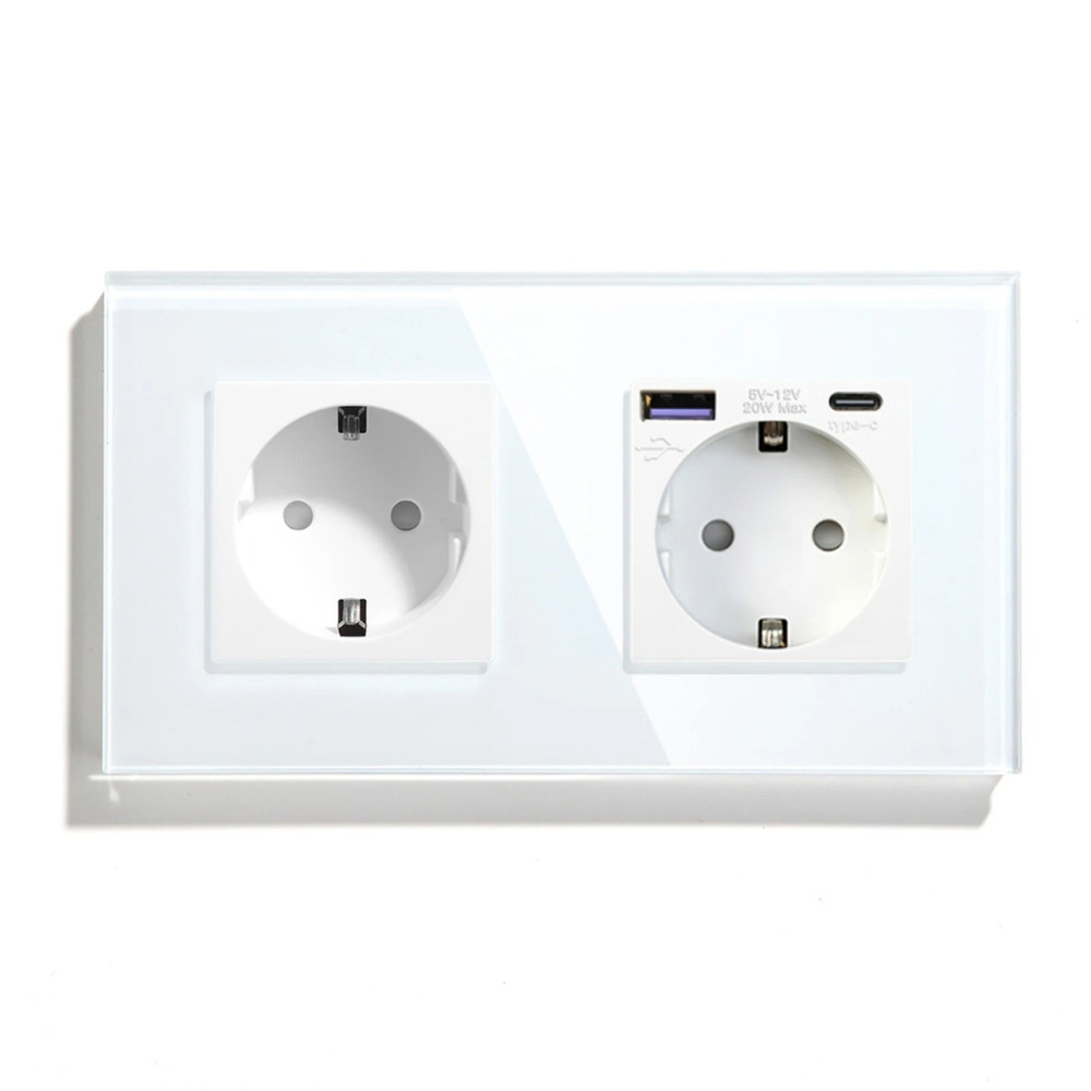 Подвійна розетка LUXION з USB A+C 20Вт, із заземленням, шторки, біла, скляна рамка, 250В, 16А