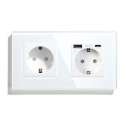 Подвійна розетка LUXION з USB A+C 20Вт, із заземленням, шторки, біла, скляна рамка, 250В, 16А