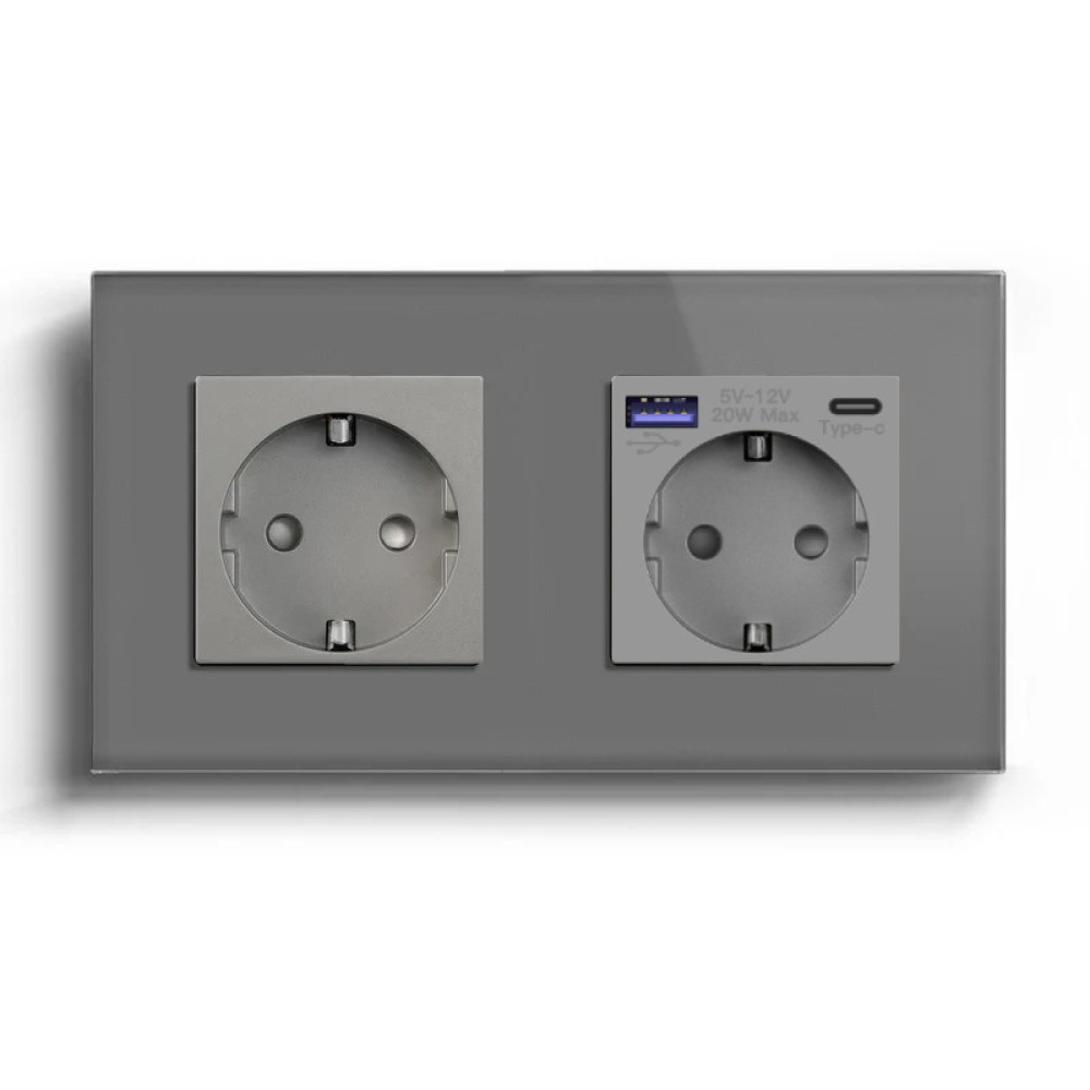 Подвійна розетка LUXION з USB A+C 20Вт, із заземленням, шторки, сіра, скляна рамка, 250В, 16А