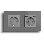 Подвійна розетка LUXION з USB A+C 20Вт, із заземленням, шторки, сіра, скляна рамка, 250В, 16А