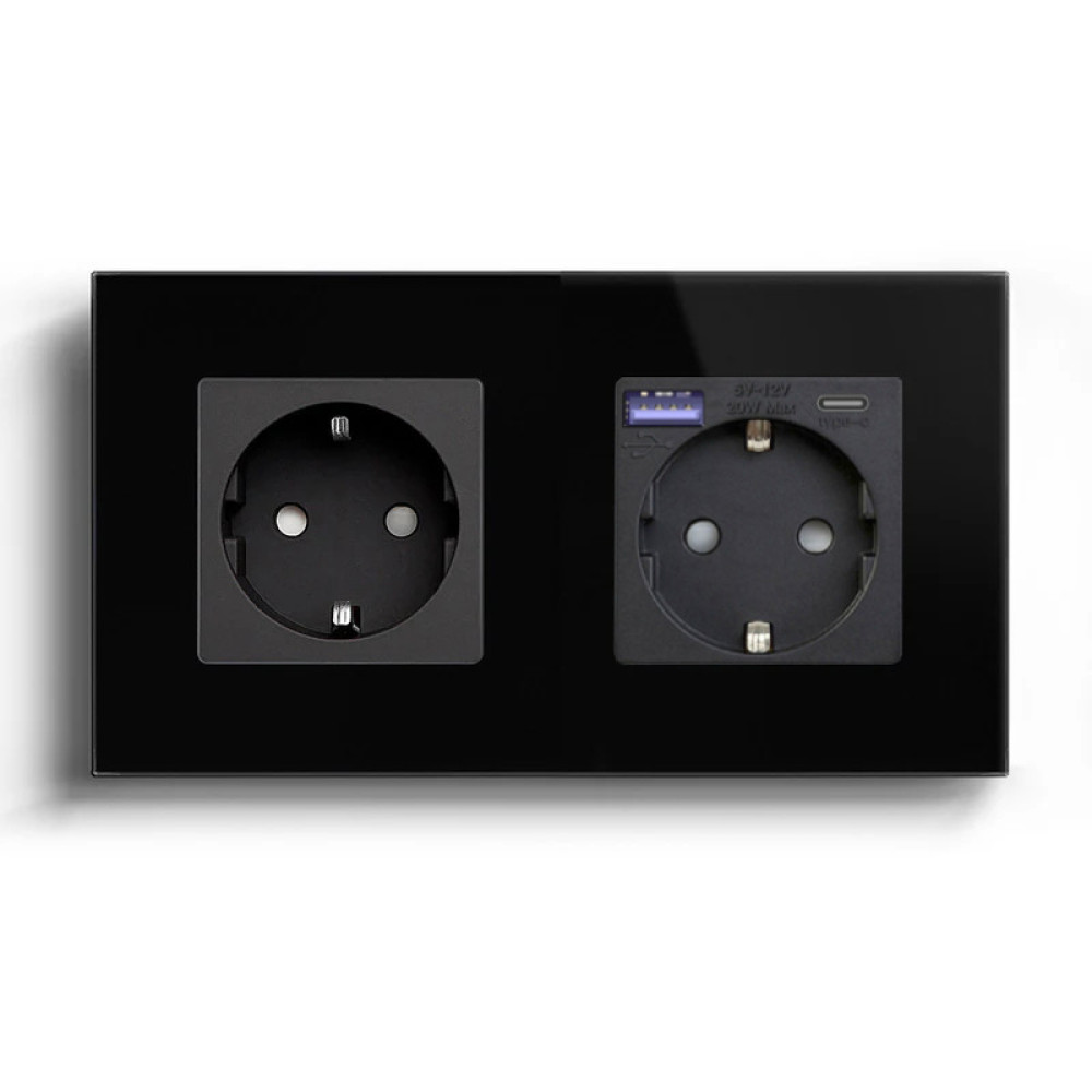 Подвійна розетка LUXION з USB A+C 20Вт, із заземленням, шторки, чорна, скляна рамка, 250В, 16А