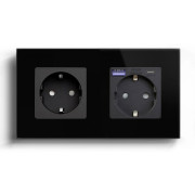 Подвійна розетка LUXION з USB A+C 20Вт, із заземленням, шторки, чорна, скляна рамка, 250В, 16А