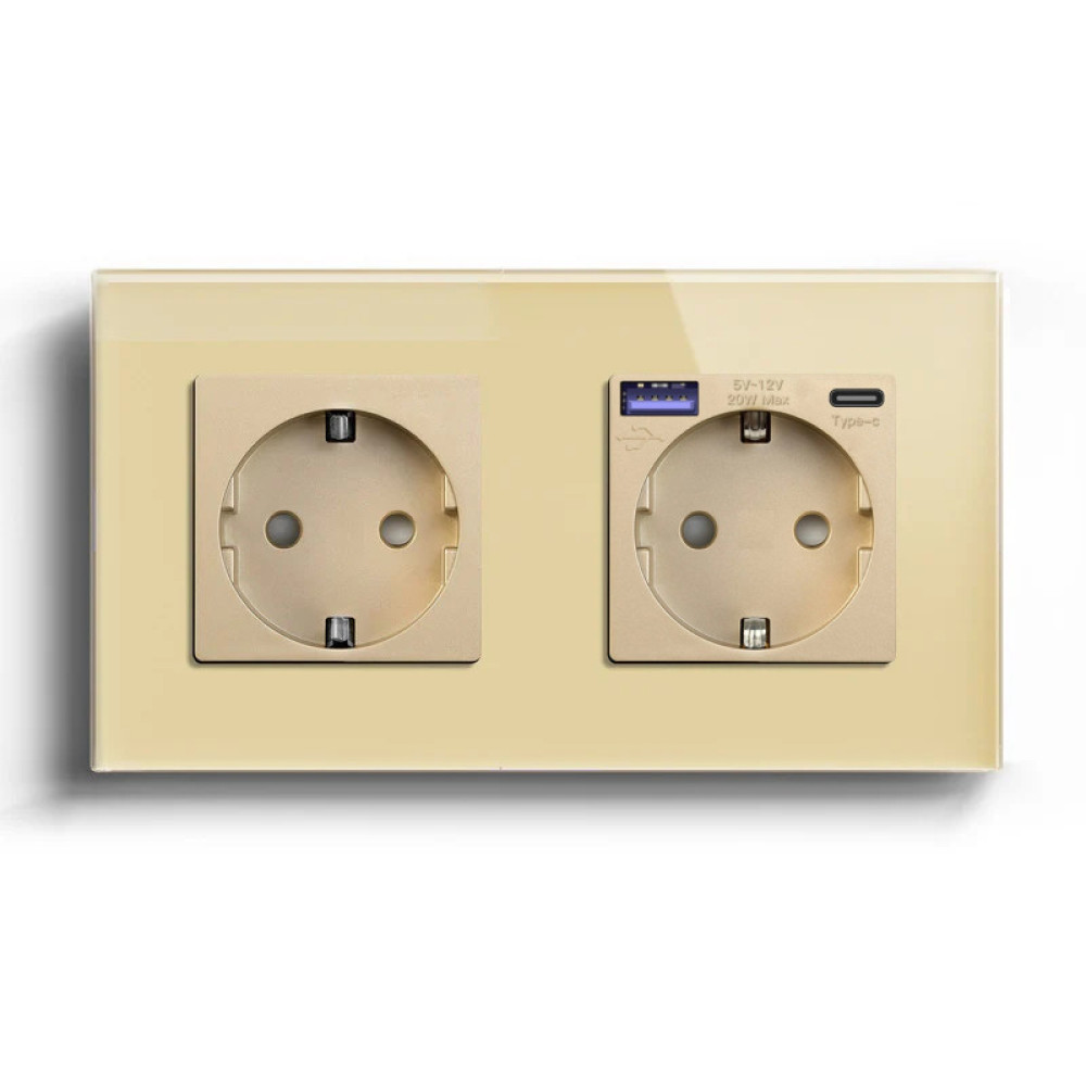 Подвійна розетка LUXION з USB A+C 20Вт, із заземленням, шторки, золота, скляна рамка, 250В, 16А