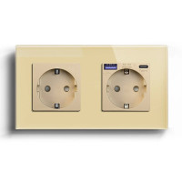 Подвійна розетка LUXION з USB A+C 20Вт, із заземленням, шторки, золота, скляна рамка, 250В, 16А