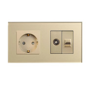 Розетка LUXION силова + інтернет (RJ-45) + ТВ, золота, настінна дизайнерська, скляна рамка